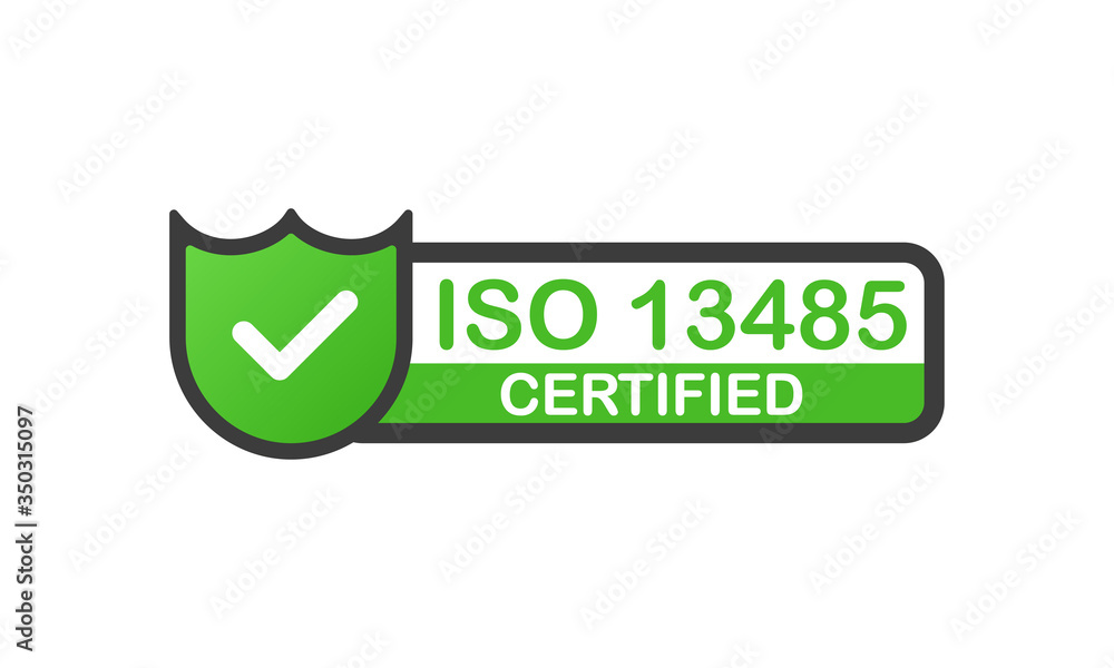 ISO 13485 certified green badge. Flat design stamp isolated on white background. Vector. ISO 13485 certified green badge. Flat design stamp isolated on white background. Vector.