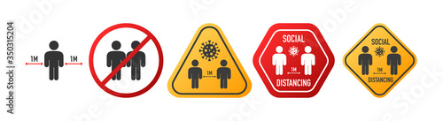 Social distancing keep your distance 1 meter or 6 feet signs set. Vector.
