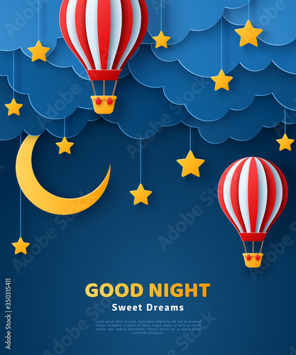 Fluffy clouds on dark sky background with gold moon, stars and hot air balloons. Vector illustration. Paper cut style. Place for text. Good night banner, travel and adventures concept