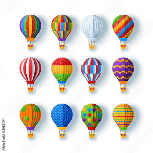 Aerostats and hot air balloons set in paper cut style with different patterns isolated on white background. Vector illustration