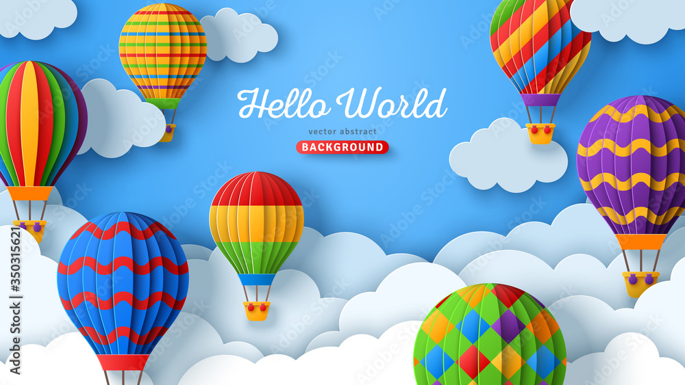 Beautiful fluffy clouds on blue sky background with colorful hot air  balloons. Vector illustration. Paper cut style. Place for text. Travel and  adventure concept Stock Vector | Adobe Stock