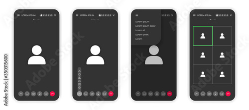 Call mobile four screen template on window browser or app. Video chat or meeting or conference. Mockup UI, UX interface. Vector.
