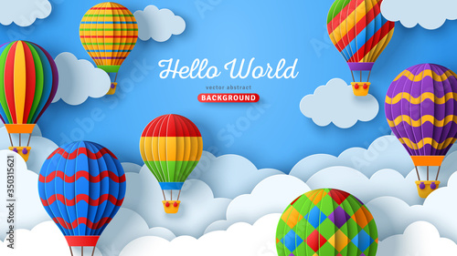 Beautiful fluffy clouds on blue sky background with colorful hot air balloons. Vector illustration. Paper cut style. Place for text. Travel and adventure concept