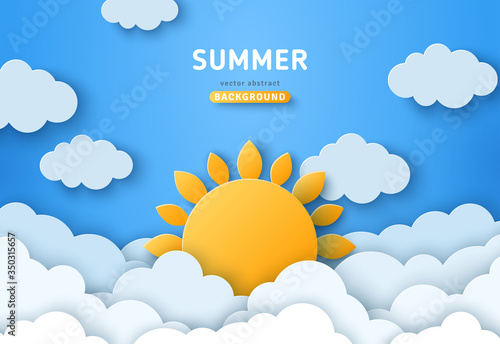 Summer day concept vector illustration. Cloudscape, blue sky with fluffy clouds and sun. Paper cut style. Place for text