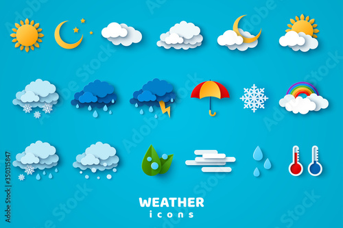 Fototapeta Paper cut weather icons set on blue background