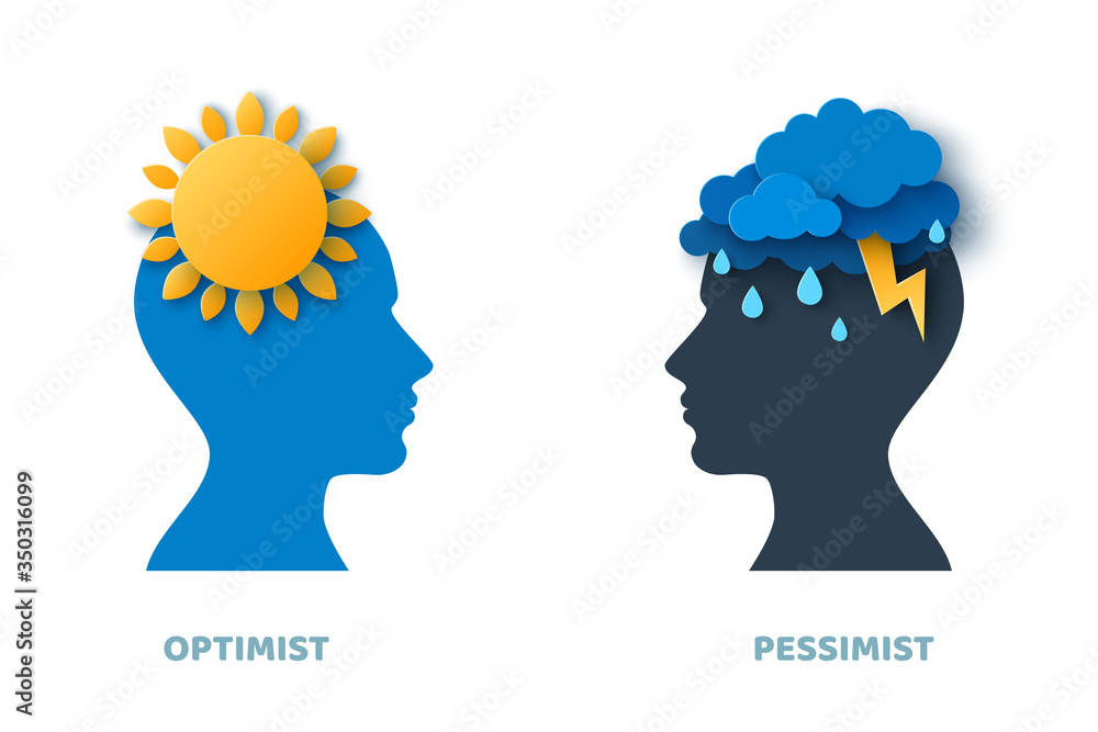 Optimist and pessimist psychology concept. Vector illustration. Blue