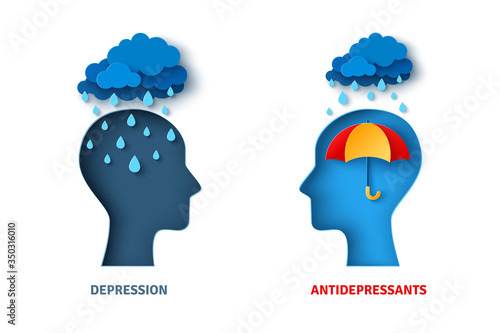 Mental health, antidepressants and depression psychology concept. Vector illustration. Blue man head silhouette isolated on white background for psychotherapy design. Rain and umbrella.