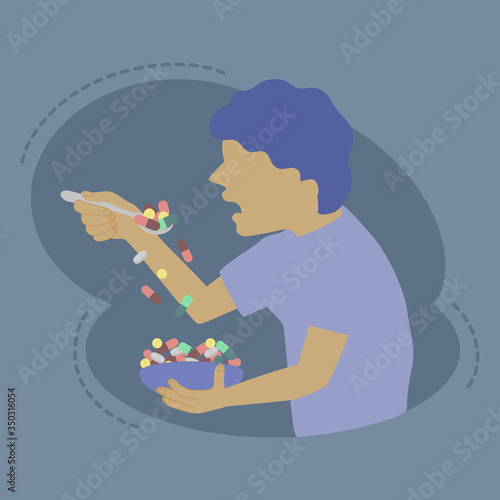 flat design illustration man eating a lot of medical pills. Concept for awareness of over usage of drugs and irrational use of medicines such as inappropriate self-medication.