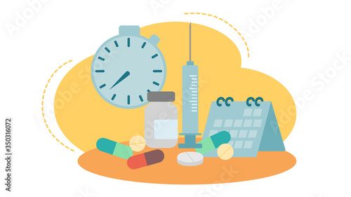 flat design illustration of vaccine bottle with syringe,pills,timer clock and calendar