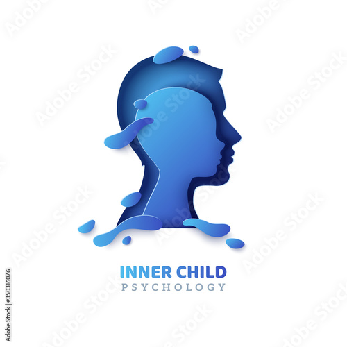 Human head with inner child inside in paper cut style and abstract shapes. Vector illustration. Psychology concept. Blue papercut man silhouette isolated on white background for psychotherapy design.