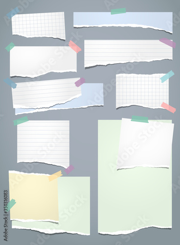Torn white and colorful note, notebook paper strips and pieces stuck on dark blue background. Vector illustration