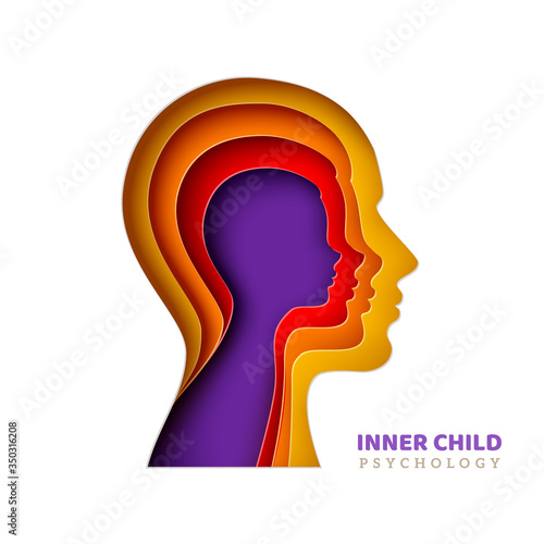 Inner child psychology concept. Man's head with age layers in realistic paper cut style. Vector illustration. Colorful papercut human silhouette isolated on white background for psychotherapy design.