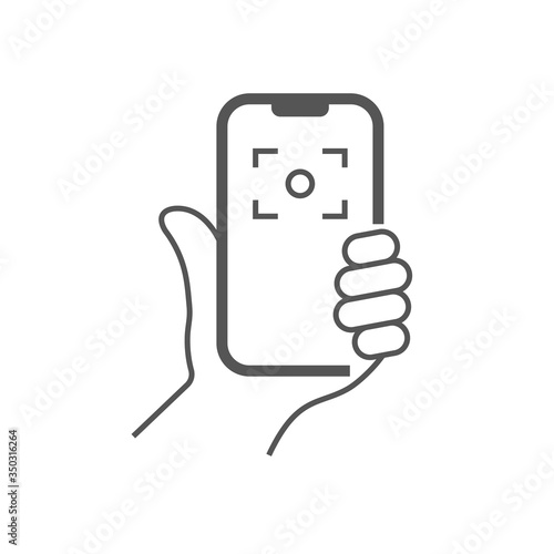 The hand hold the smartphone and doing selfie. Photo on smartphone. Editable Stroke. EPS 10