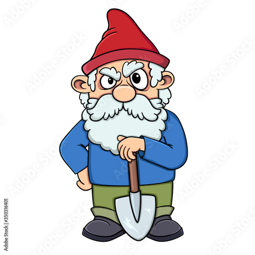 
Cartoon gloomy garden gnome with a shovel in his hands. Isolated on a white background. Stock vector illustration.