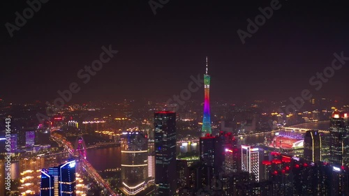 Wallpaper Mural night time illumination guangzhou city downtown bay district traffic road bridge aerial panorama 4k china Torontodigital.ca
