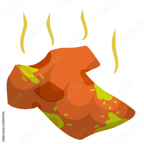 Dirty t-shirt. Crumpled clothes. Untidiness and slovenliness. Stench and stink. Object for washing. Cartoon flat illustration. Bad smell