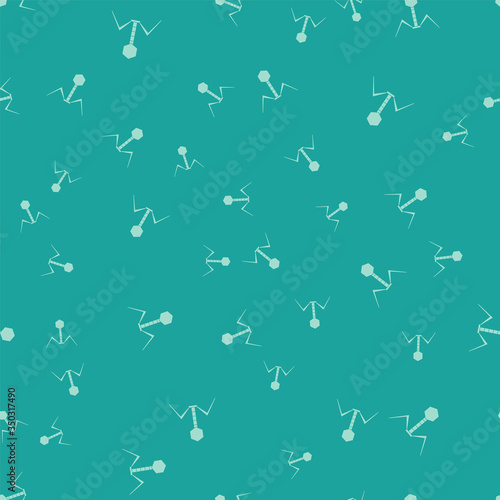 Green Bacteria bacteriophage icon isolated seamless pattern on green background. Bacterial infection sign. Microscopic germ cause diseases concept. Vector Illustration
