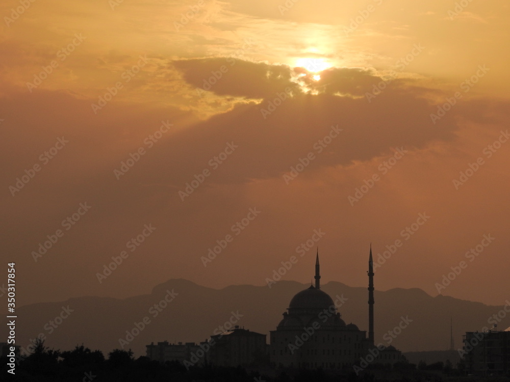 sunset, sky, sun, istanbul, city, clouds, silhouette, landscape, mosque, sunrise, evening, nature, cloud, orange, turkey, dusk, skyline, architecture, night, travel, blue, light, beautiful, building