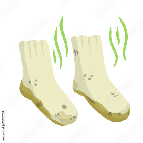 Dirty sock. Smelly feet. Sloppy clothes. Stinky toe. Grey Object for washing. Cartoon flat illustration. Green wave. The bad stench