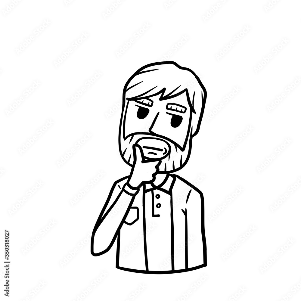 Thoughtful man holds hand to chin. Dreamy and pensive guy. Gesture of doubt. Complex issue. Solve problems. Suspicion and distrust. Cartoon hand drawn sketch. brooding and wistful emotion Thoughtful man holds hand to chin. Dreamy and pensive guy. Gesture of doubt. Complex issue. Solve problems. Suspicion and distrust. Cartoon hand drawn sketch. brooding and wistful emotion
