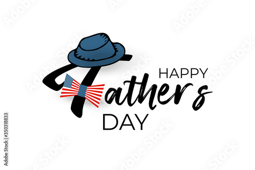 Happy father`s day type with men blue hat and bow tie USA flag texture on white background. Happy Fathers Day calligraphy for sale banner, greeting card, flyer design. Best friendship dad gift