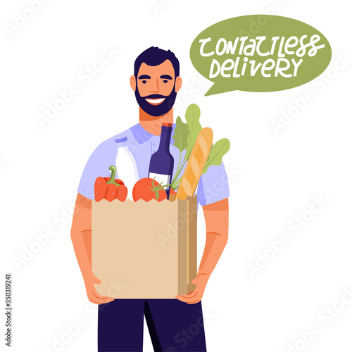 Contactless food delivery service. Courier bring grocery products bag. Online order. Vector illustration on white background.