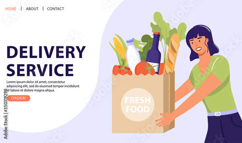 Food delivery service concept. Woman receive grocery products bag. Delivery to door. Online order. Vector web page banner illustration.