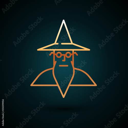 Gold line Wizard warlock icon isolated on dark blue background. Vector Illustration