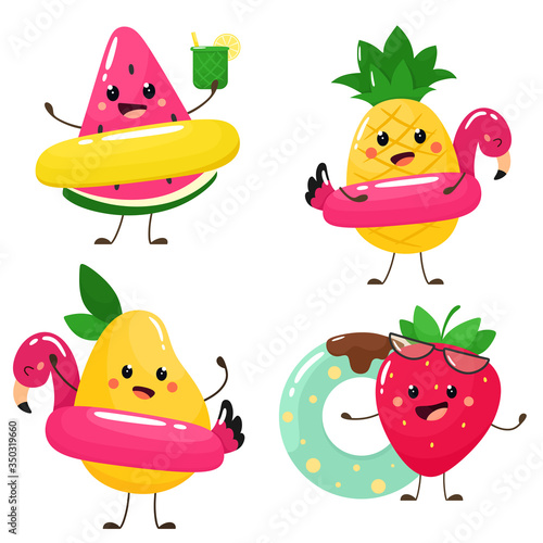 Cute summer fruits with mango, pineapple, watermelon and strawberry in swimming circles. Vector illustration in cartoon flat style.