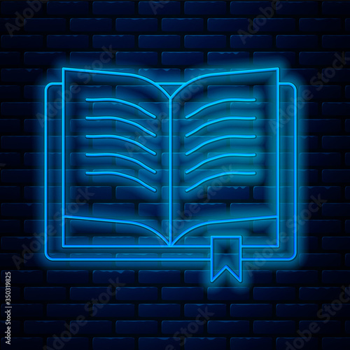 Glowing neon line Ancient magic book with alchemy recipes and mystic spells and enchantments icon isolated on brick wall background. Vector Illustration
