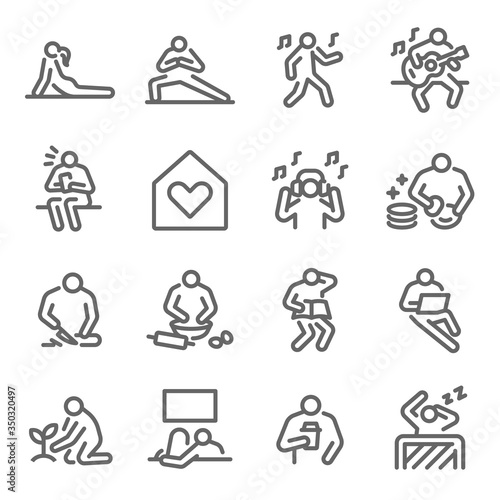 Stay at home icon set vector illustration. Contains such icon as Relax, Home cooking, Sleeping, Working from home, Plant, Yoga, and more. Expanded Stroke