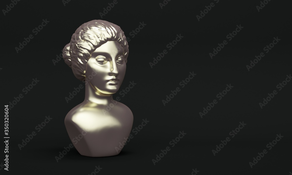 Metal ancient statue female head on a black background. Fashion concept. 3d rendering