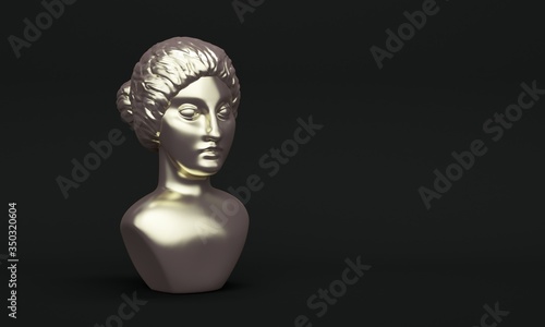 Metal ancient statue female head on a black background. Fashion concept. 3d rendering