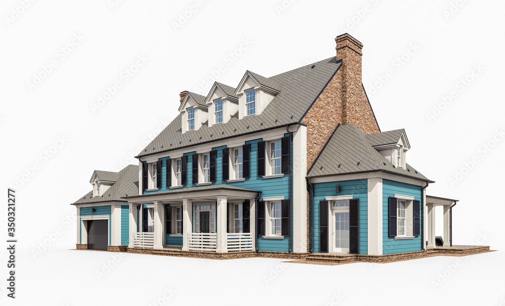 3d rendering of modern cozy classic house in colonial style with garage and pool for sale or rent. Isolated on white. 3d rendering of modern cozy classic house in colonial style with garage and pool for sale or rent. Isolated on white.