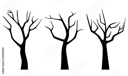 Set black silhouette of naked winter trees isolated on white background. Flat design. Vector illustration