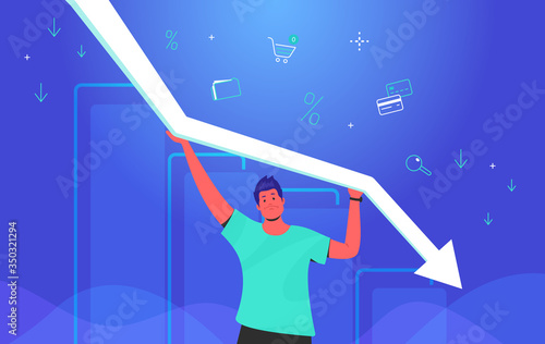 Upset man holding white arrow which falling down. Concept gradient vector illustration of a guy taking decreasing graph with financial ans investing symbols of credit cards, shop cart, business folder