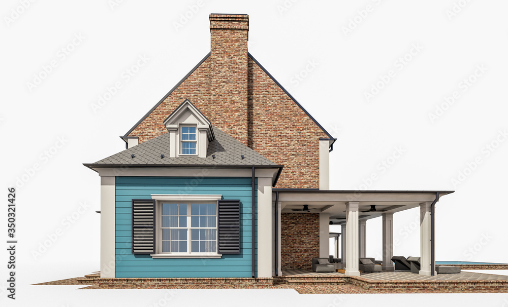 3d rendering of modern cozy classic house in colonial style with garage and pool for sale or rent. Isolated on white. 3d rendering of modern cozy classic house in colonial style with garage and pool for sale or rent. Isolated on white.