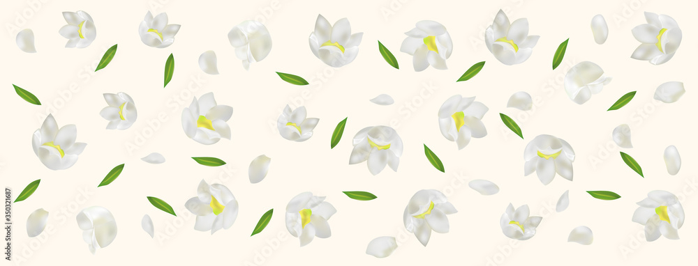 3d realistic Lilly of the valley with green leaf. White lily of the valley in motion. Fragrant flowers. Vector illustration.