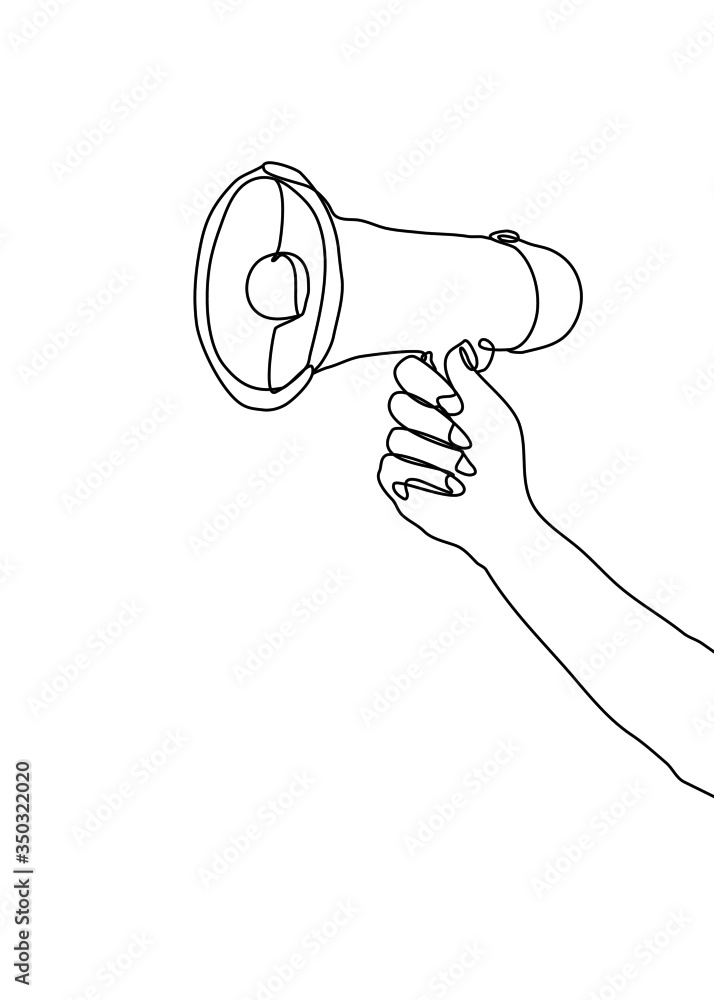 One continuous line drawing,  the hand  is holding the megaphone