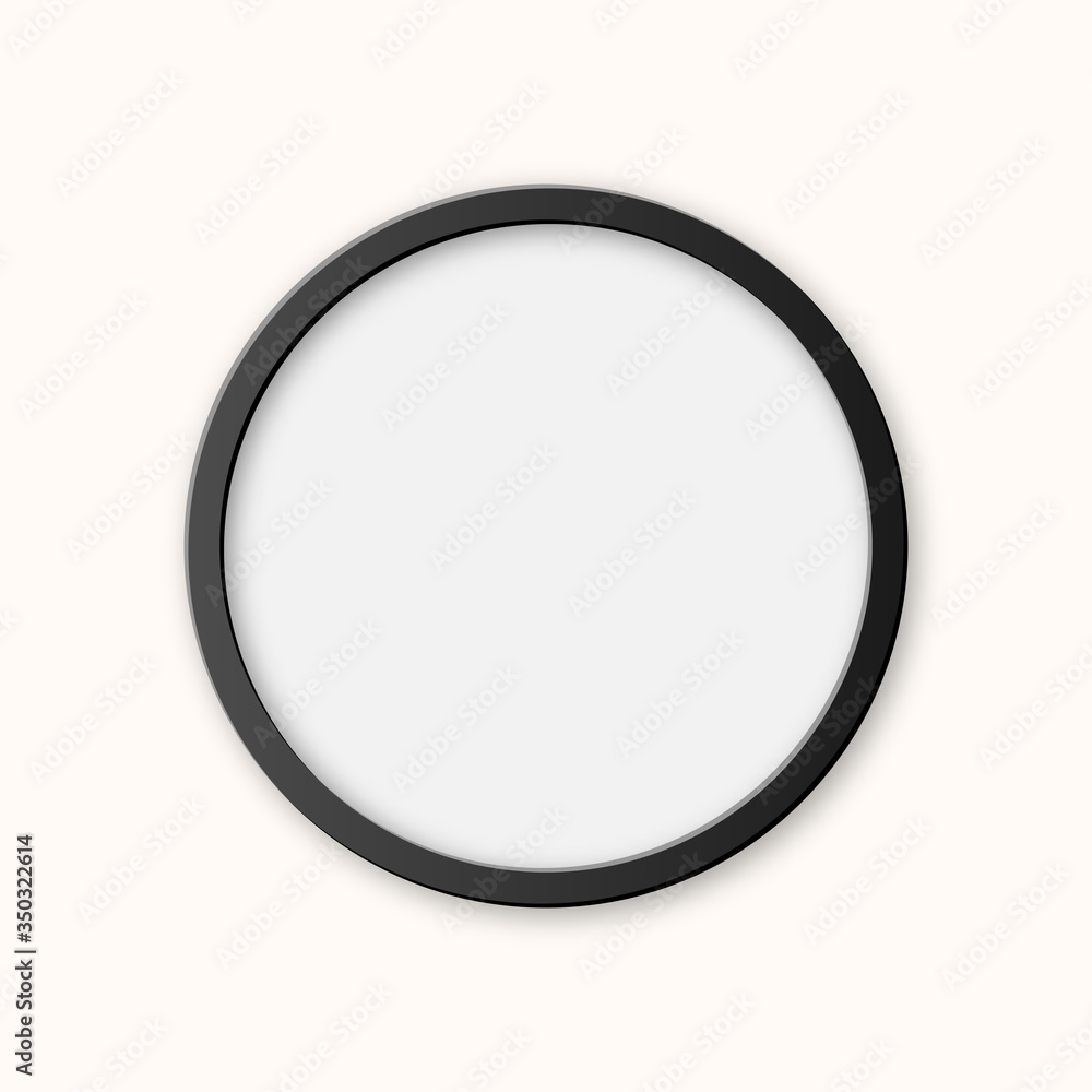 Realistic circle black plastic picture frame isolated on white background. Frame for your presentations. Realistic circle black plastic picture frame isolated on white background. Frame for your presentations.