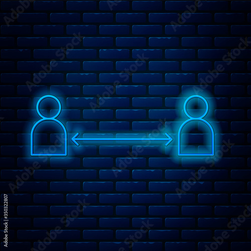 Glowing neon line Safe distance icon isolated on brick wall background. Viruses and people keeping distance for infection risk. Vector Illustration