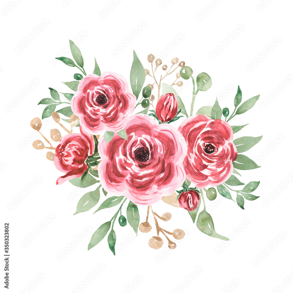 Fototapeta Watercolor burgundy summer bouquets illustration, pink floral arrangements, greenery cliparts, wedding flowers, wedding invites cliparts, boho bouquet.