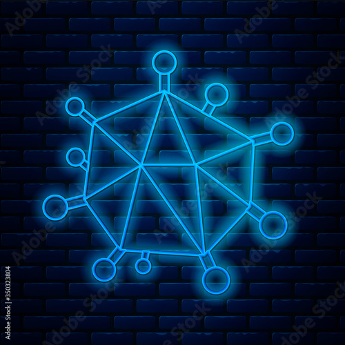 Glowing neon line Virus icon isolated on brick wall background. Corona virus 2019-nCoV. Bacteria and germs, cell cancer, microbe, fungi. Vector Illustration