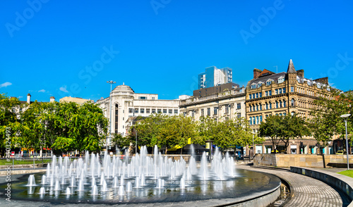 Fountains at Piccadilly garden in Manchester, England photo