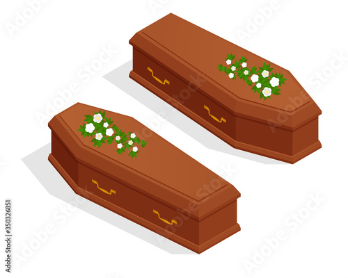 Isometric broun closed classical expensive coffin isolated on white. Coffin Halloween Vampire