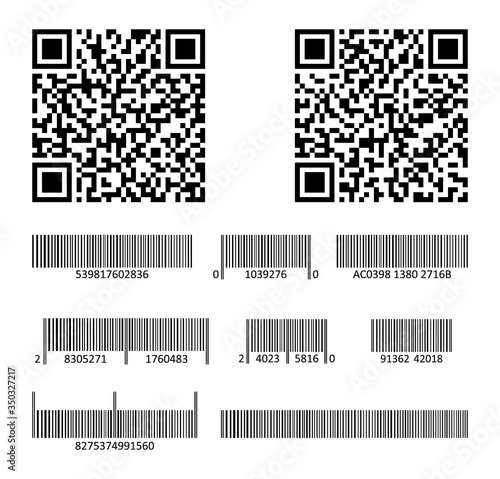 Vector code bar for design product. Scan barcode for packaging element. Set of supermarket qrcodes. Example codes striped label for information of products. Price qrcode badge. Sample illustration.