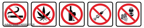 No Drugs symbol collection. No smoking, No Marijuana, No alcohol signs collection in white background drawing by illustration. Prohibition Sign