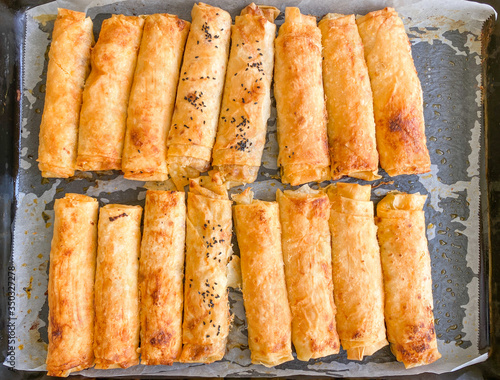 Traditional Turkish fried feta rolls called 