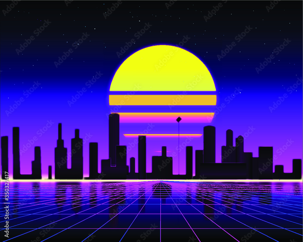 Fototapeta Retro wave city on the sunset. Sco-fi, 90s