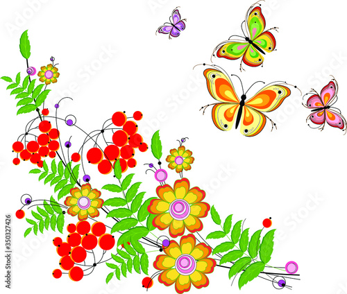 The elegant butterflys and plant floral pattern with berries and rowan leaves in the style of the national Ukrainian Petrikov painting. Vector traditional flower ornament on white background for decor photo